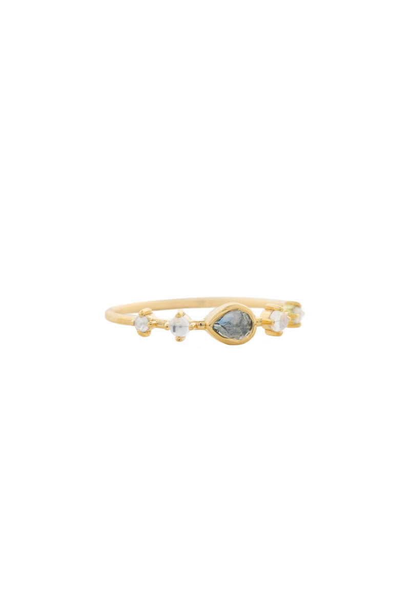 Blue Sapphire & Moonstones & Diamonds Ring - 14k Yellow Gold