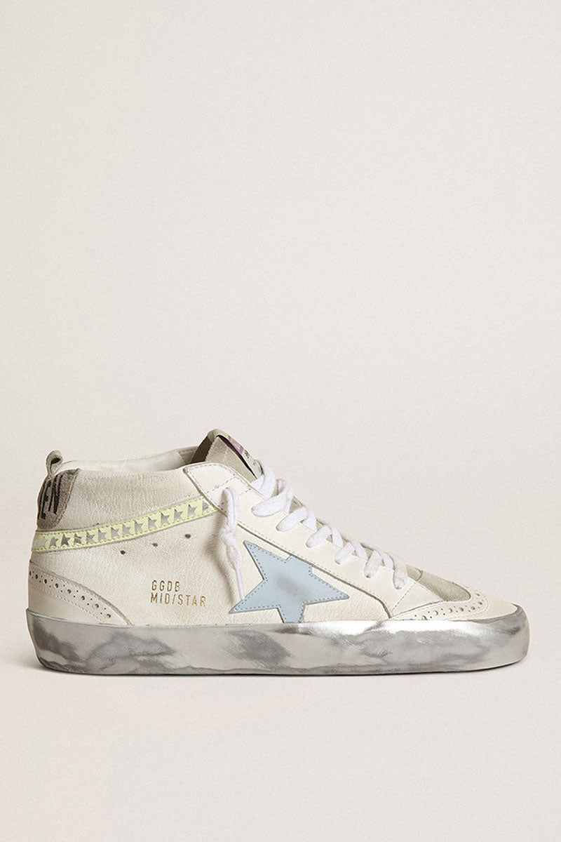 Mid Star - White Nappa Upper Leather Blue Fog Star Light Yellow Wave w/Serigraph Suede Heel Sparkle