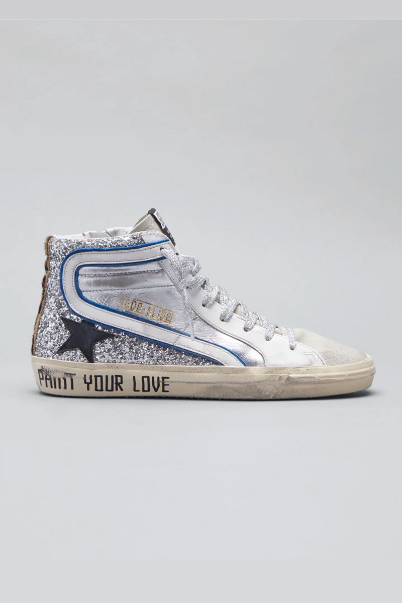 Slide - Glitter Metallic Sneakers White Silver Ice Leopard Heel