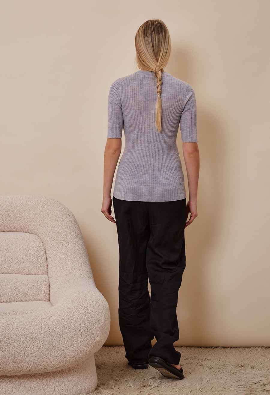 Jidda Cashmere Ribbed T-Shirt - Grey Melange