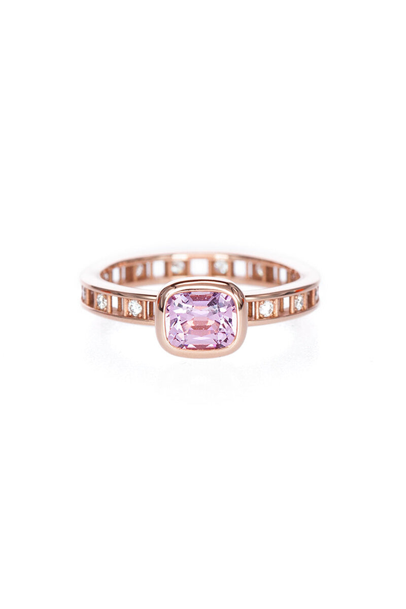 Pixel Dust Solitaire Ring Open Band - Light Pink Burmese Spinel Cushion w/White Diamonds RG