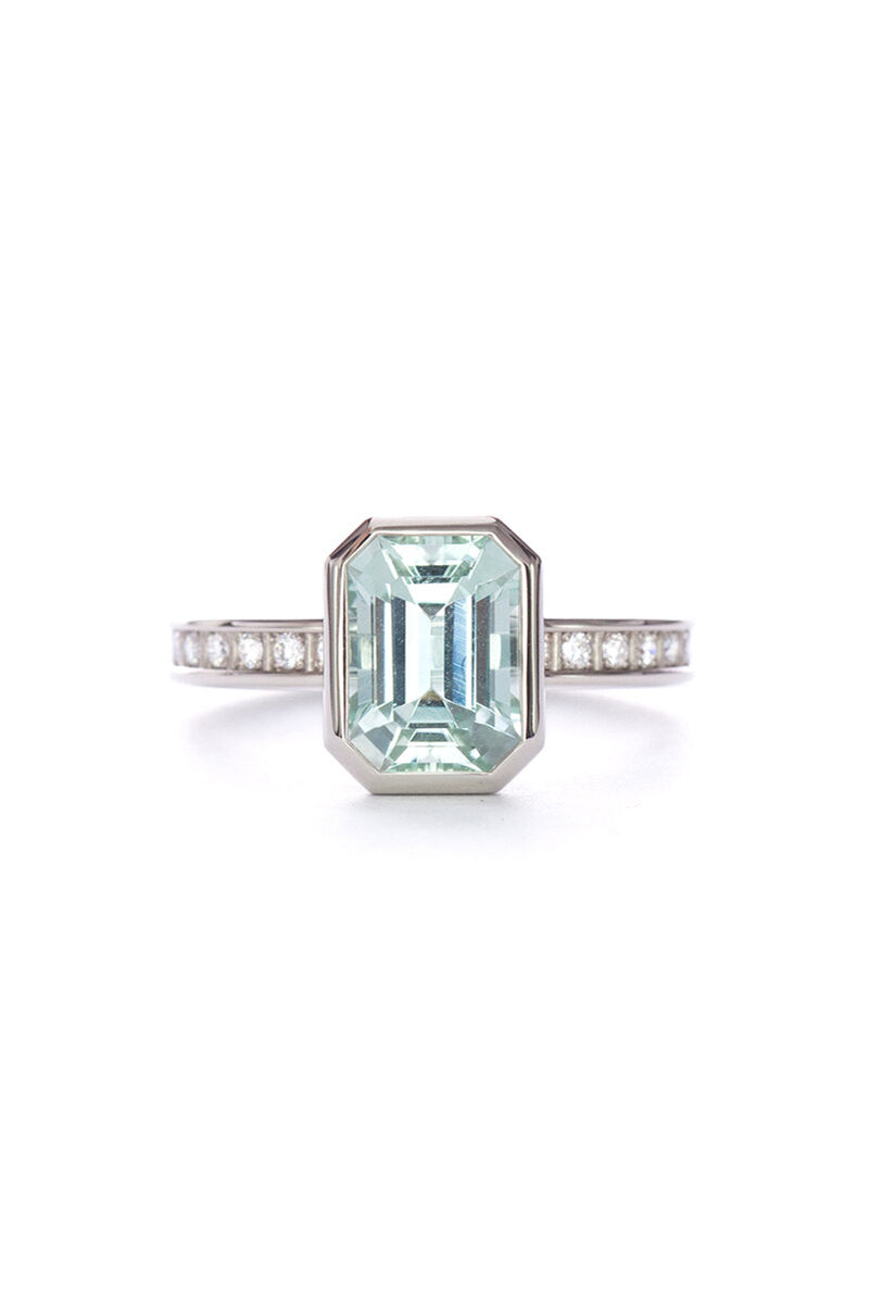 Pixel Dust Solitaire Ring - Emerald Cut Pale Green Tourmaline in White Gold