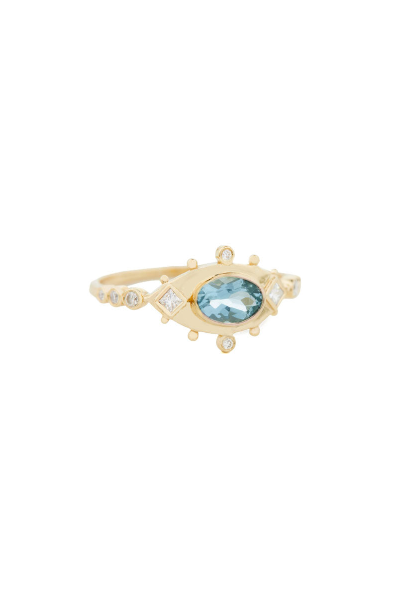Aquamarine & Diamonds Eye Ring - 14k Yellow Gold