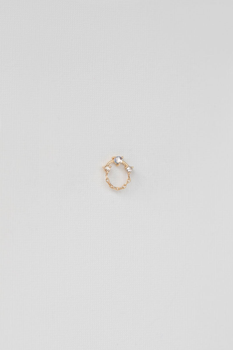 Chain Circle Single Earring - Moonstone & Two White Diamonds 14k Yellow Gold