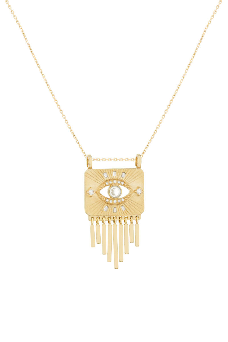 White Sapphire Eye Plate Necklace - 14k Yellow Gold & White Diamonds