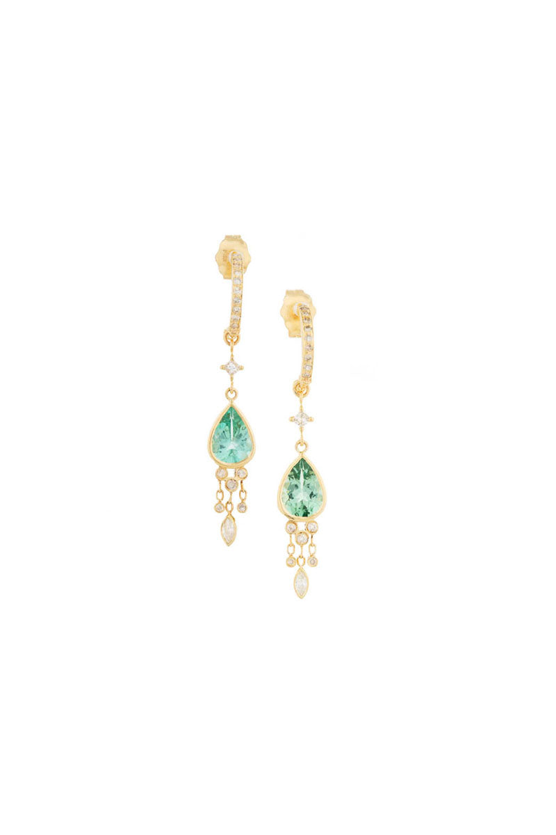 Turquoise Tourmaline Pear & Dangling Diamonds Earrings - 14k Yellow Gold