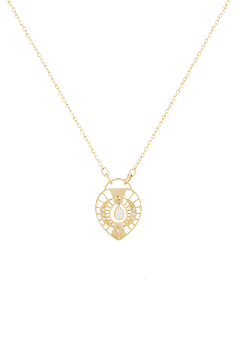 Diamond Pear Moon and Star Open Heart Necklace - Yellow Gold