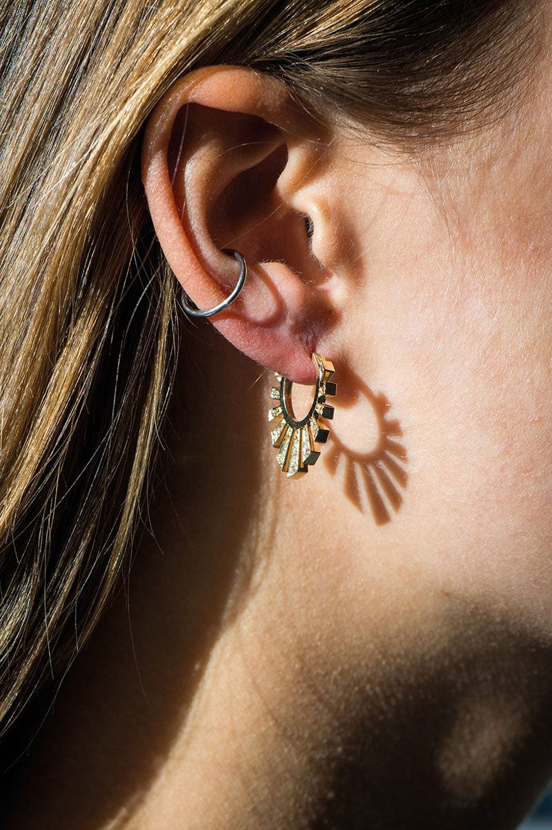 Large Sunbeam Protection Aztec Hoop Earrings - White Diamonds & 14k Yellow Gold