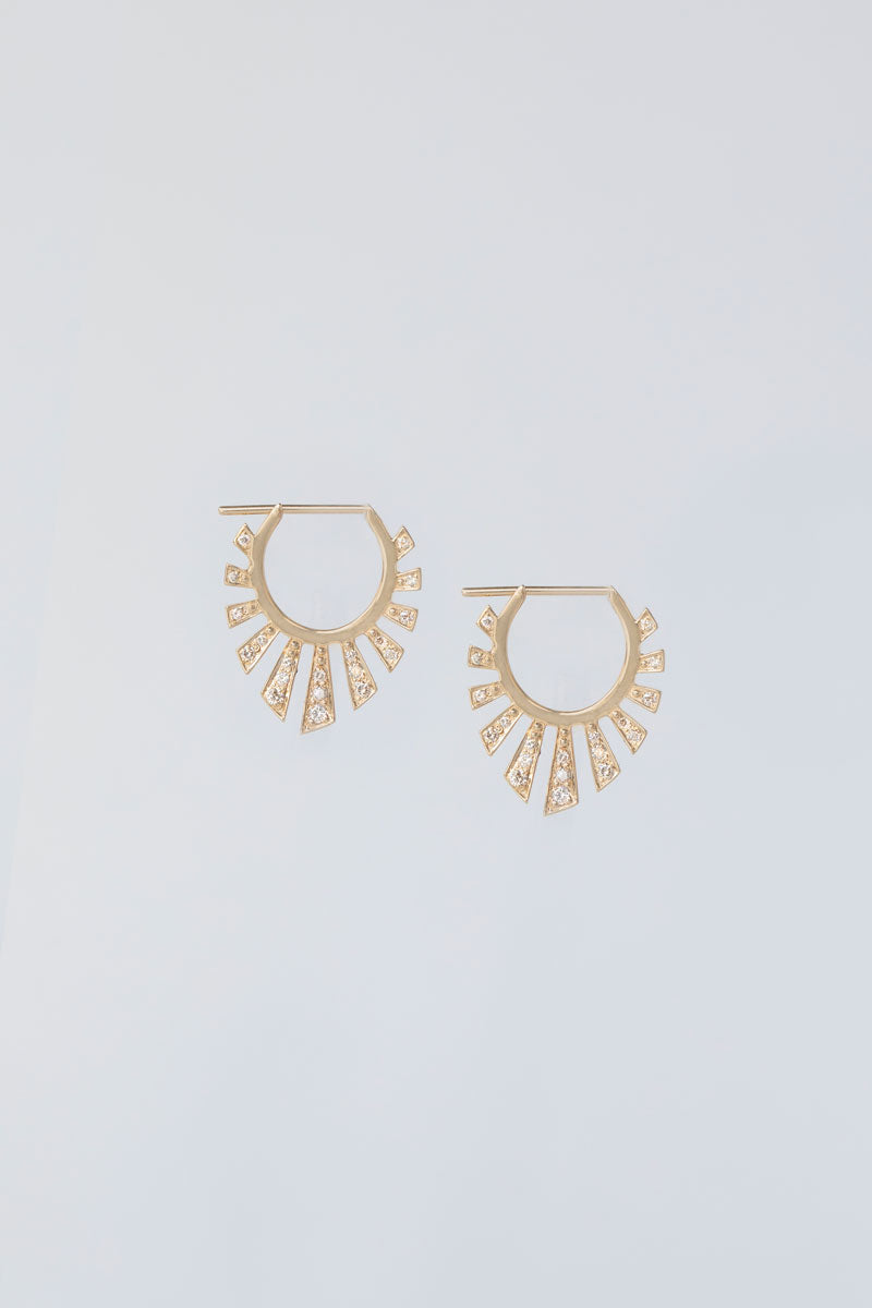 Large Sunbeam Protection Aztec Hoop Earrings - White Diamonds & 14k Yellow Gold