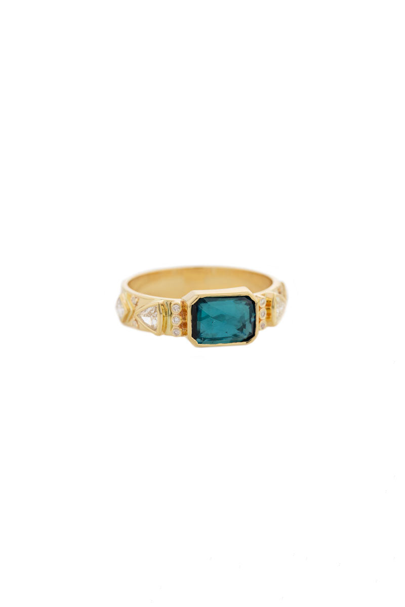 Totem Ring - Green Tourmaline White Diamonds 14k Yellow Gold