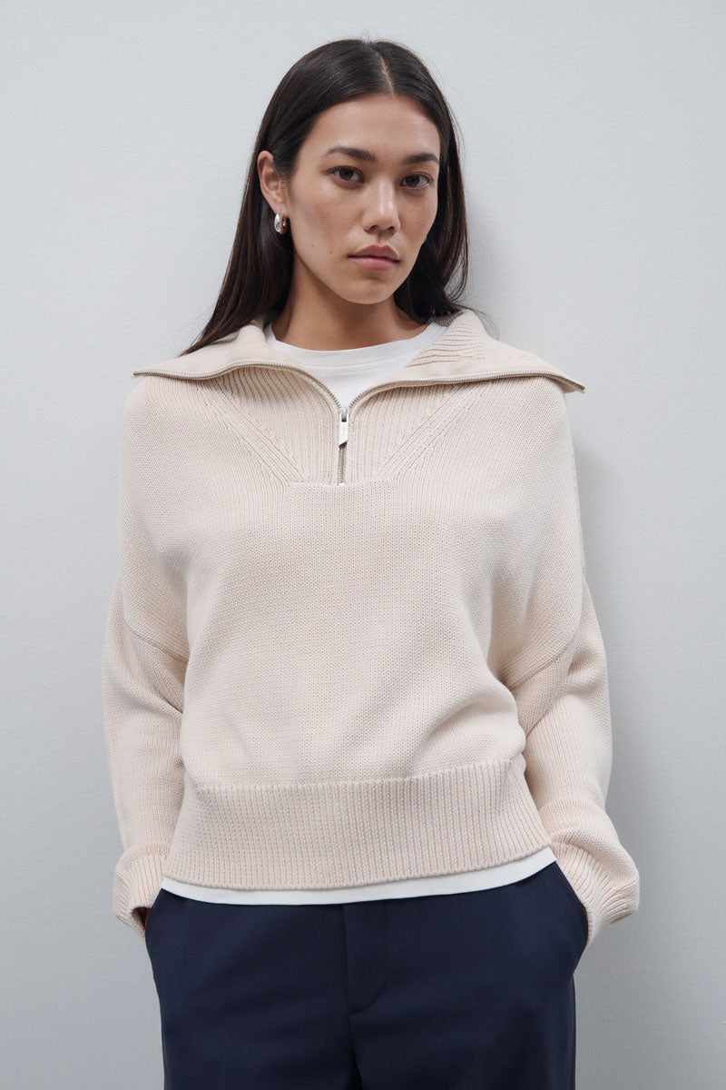 Cropped Troyer Sweater - Stone Beige