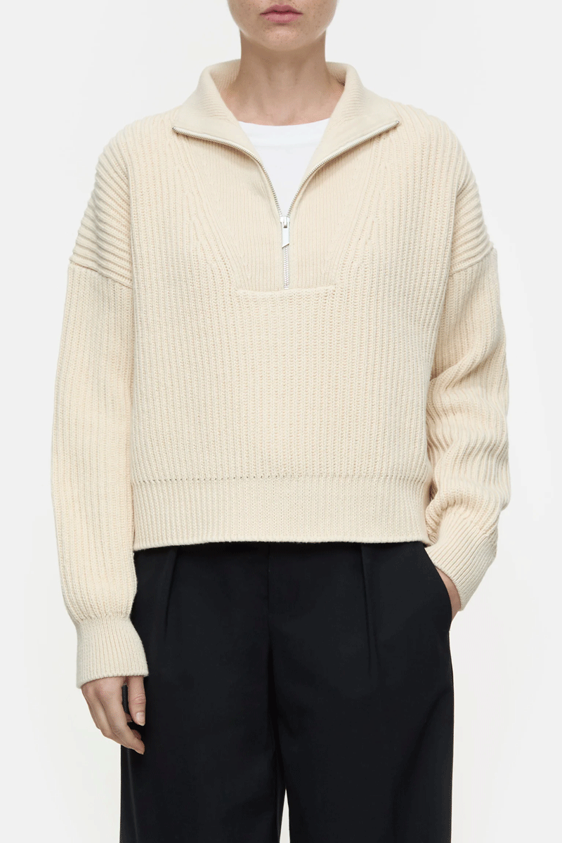 Cropped Troyer Sweater - Stone Beige