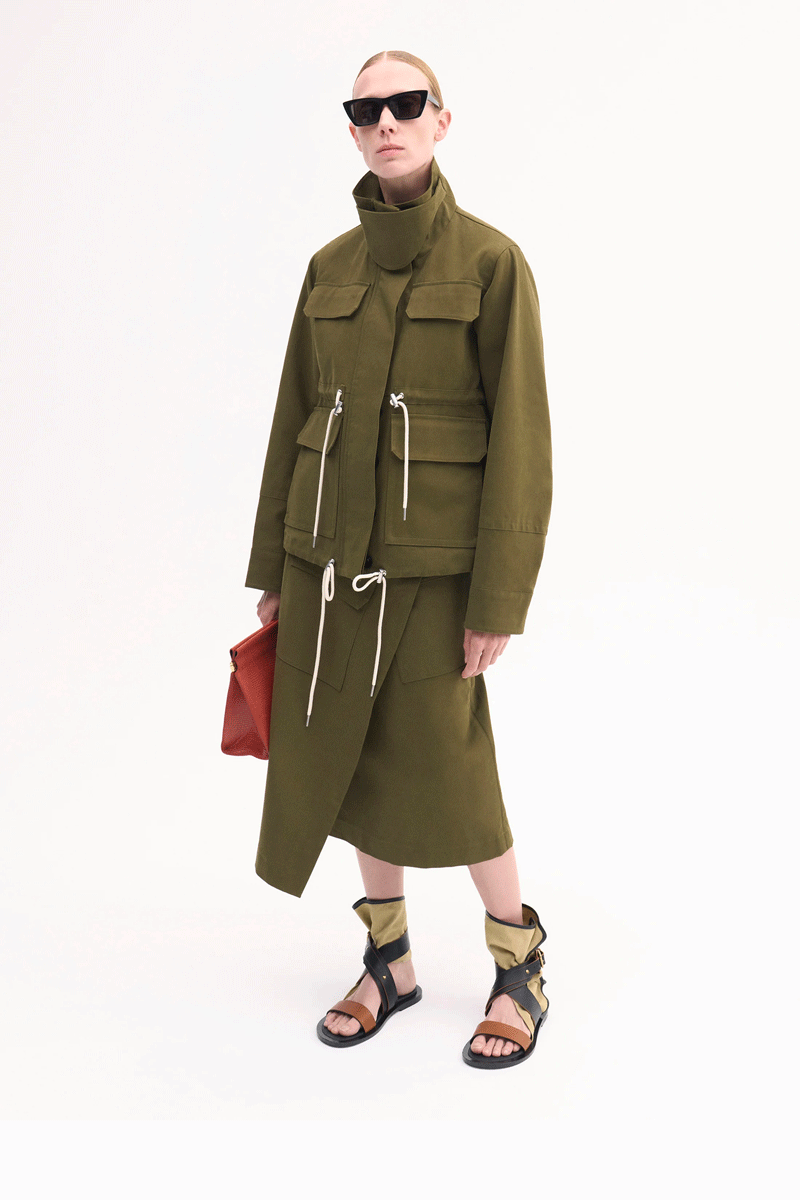 Cropped Flared Military Jacket - Olive