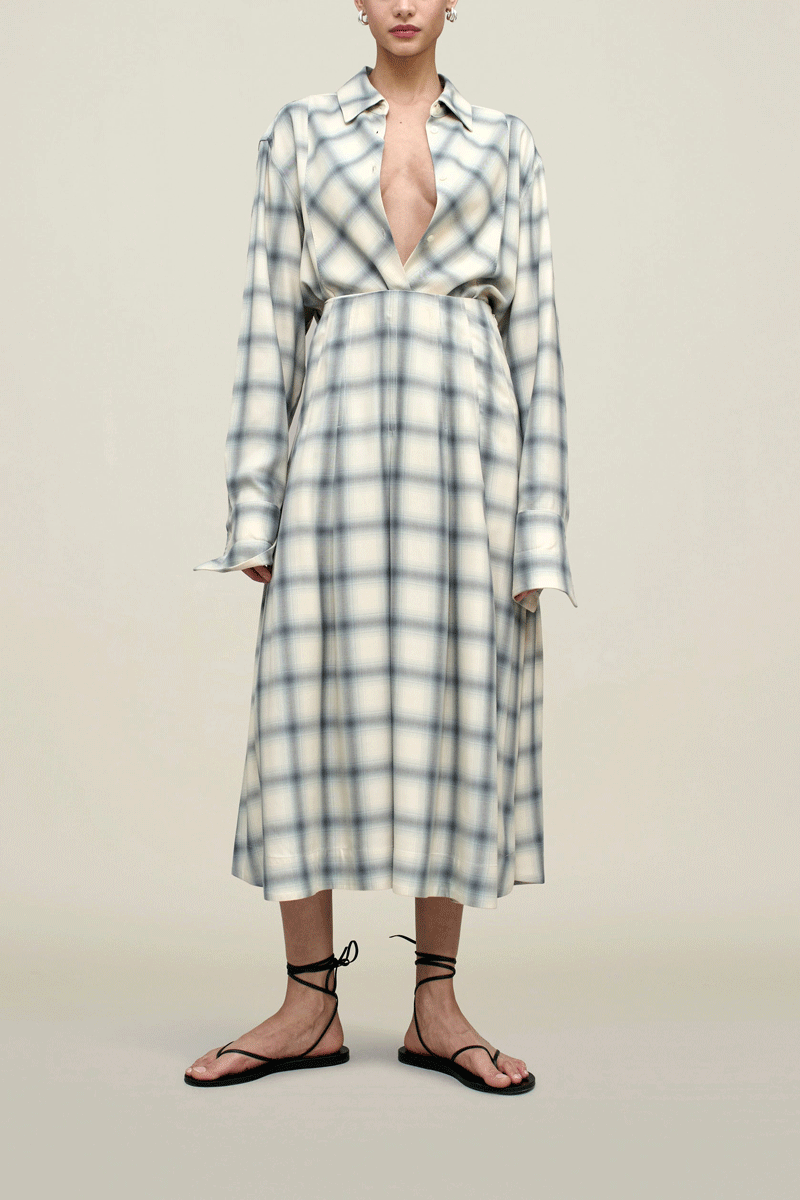 Dakota Pleated Skirt Airbrush Flannel - Ivory/Grey Blue Plaid