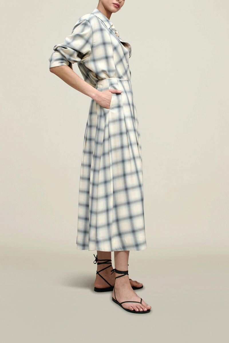 Dakota Pleated Skirt Airbrush Flannel - Ivory/Grey Blue Plaid
