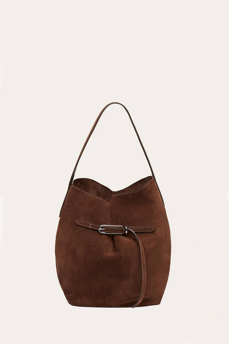 Belted Bucket Large Bag - Dark Brown Suede