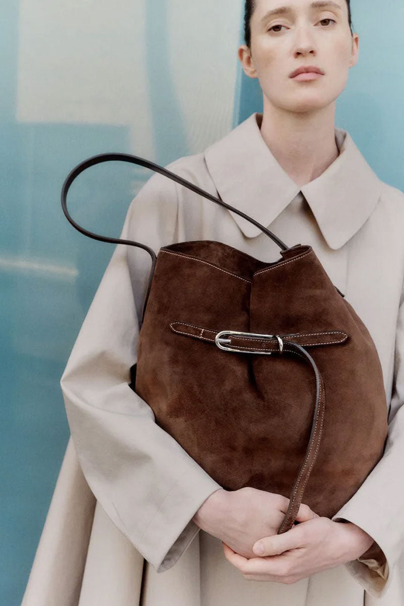 Belted Bucket Large Bag - Dark Brown Suede