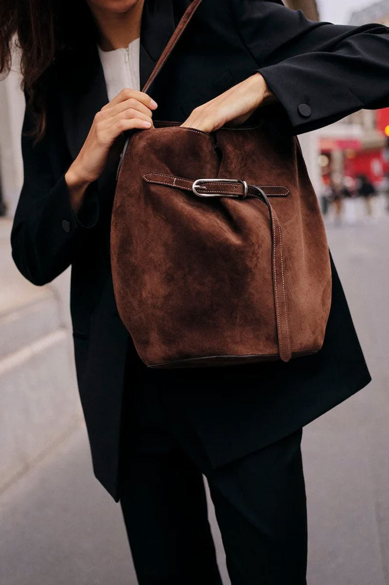 Belted Bucket Large Bag - Dark Brown Suede
