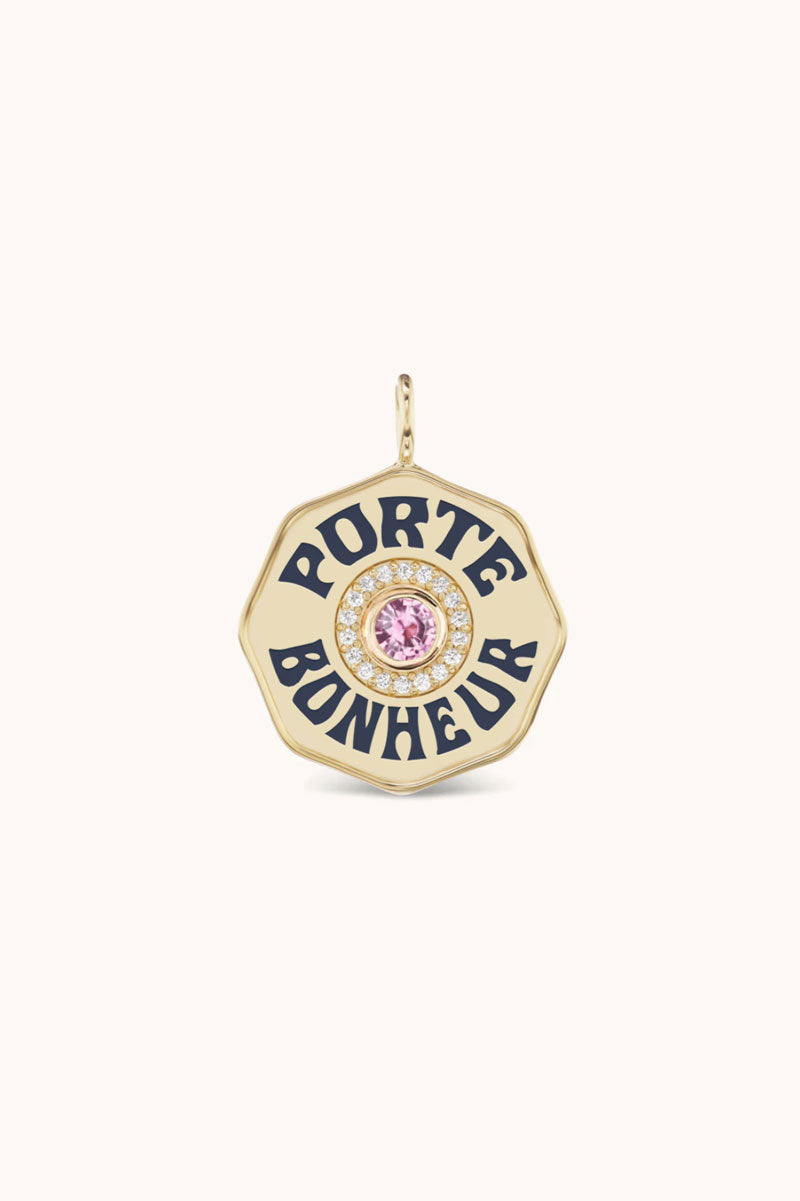 Large Porte Bonheur Charm - Pink Sapphire Diamond Navy Enamel Yellow Gold