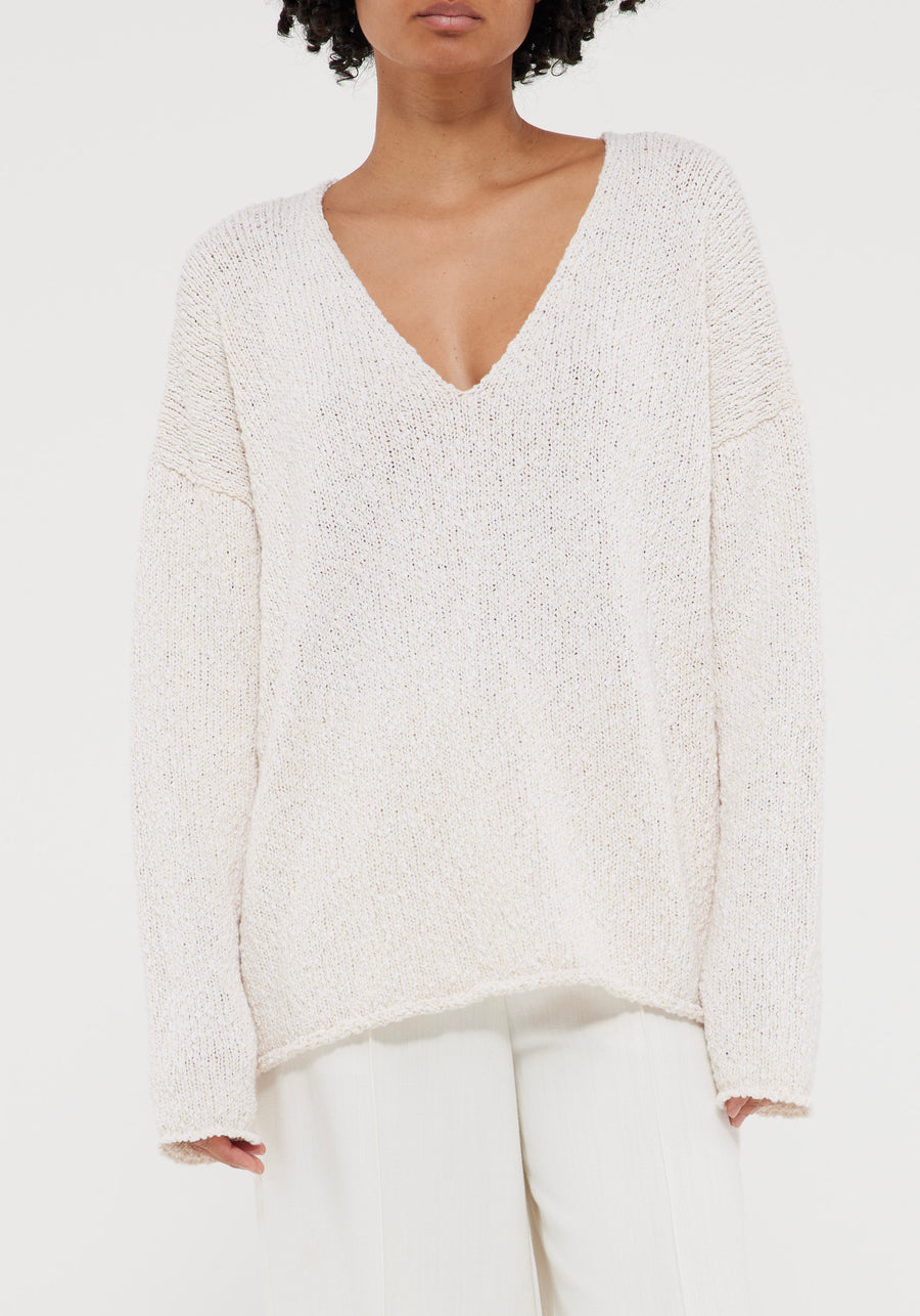 Boucle Knitted V-Neck Sweater - Cream