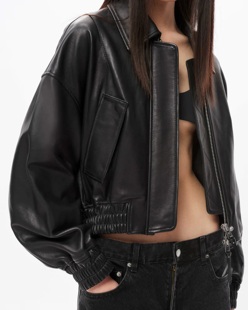 Elle Leather Bomber Jacket - Black