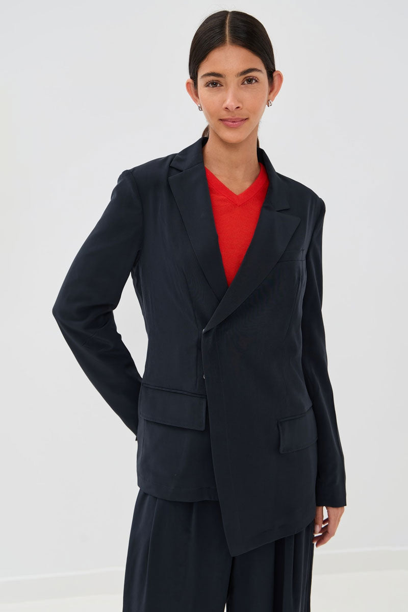 Relaxed Suiting Asymmetrical Wrap Blazer - Navy