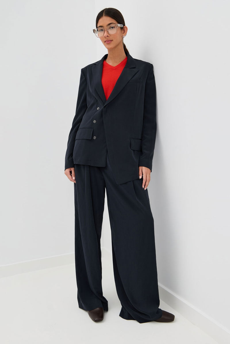 Relaxed Suiting Asymmetrical Wrap Blazer - Navy