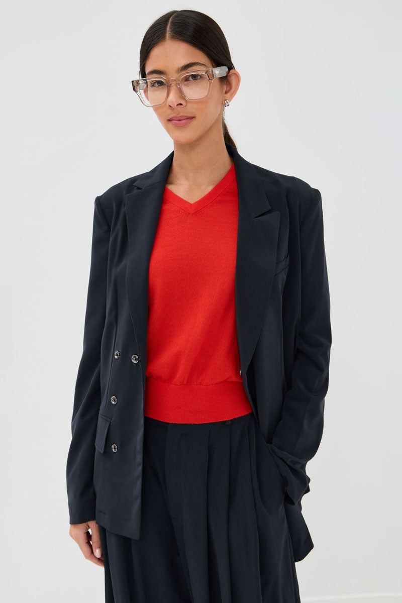 Relaxed Suiting Asymmetrical Wrap Blazer - Navy
