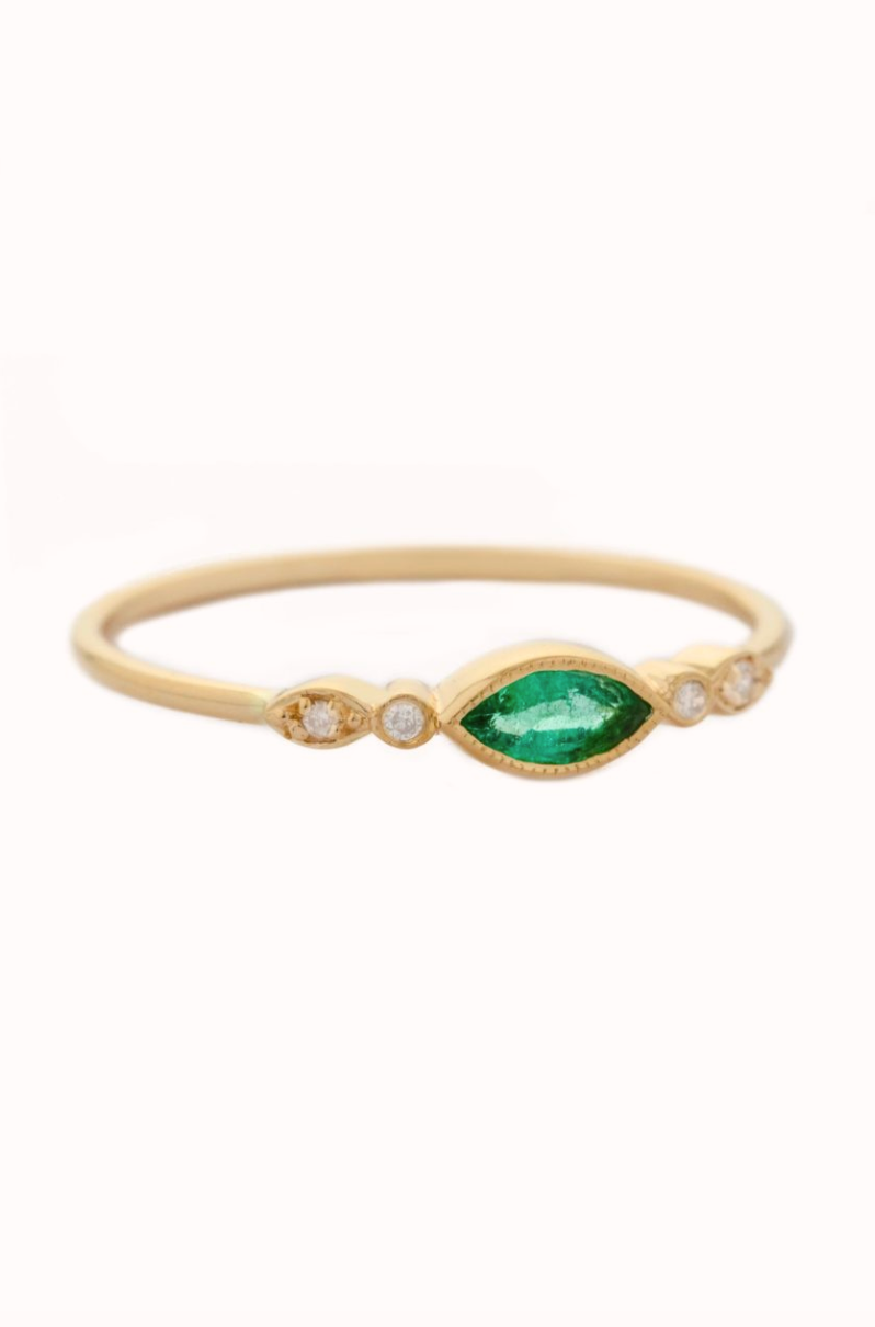Emerald Marquise & Diamond Eyes Ring- 14k Yellow Gold