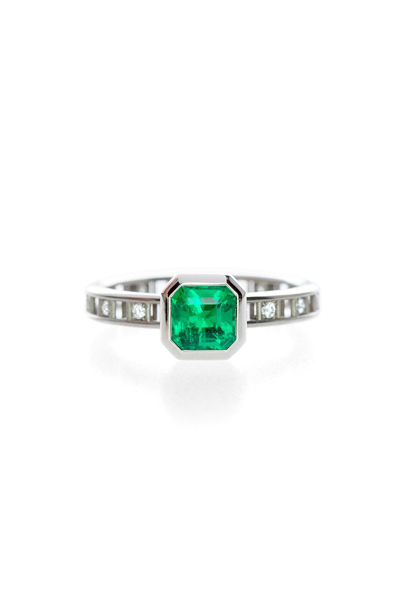 Pixel Dust Open Set Solitaire Ring - Emerald Cut Emerald in White Gold