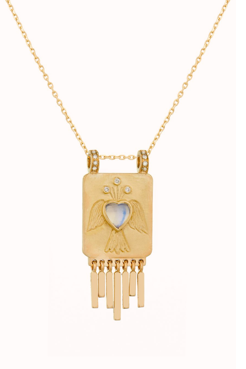 Angel Heart Plate Necklace - Moonstone Heart and Diamonds