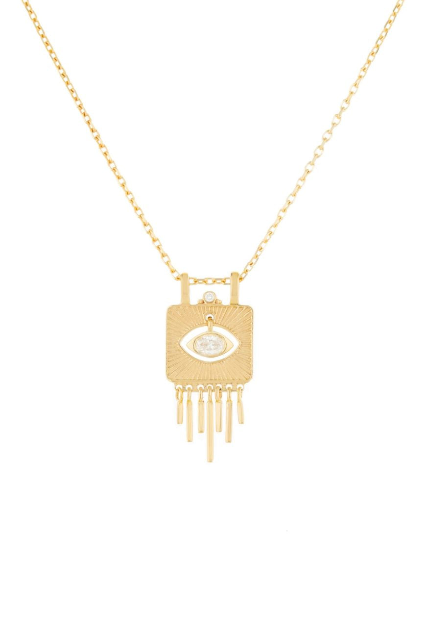Small Gold Plate with Sunbeams and Dangling Eye Necklace - Diamonds and Yellow Gold