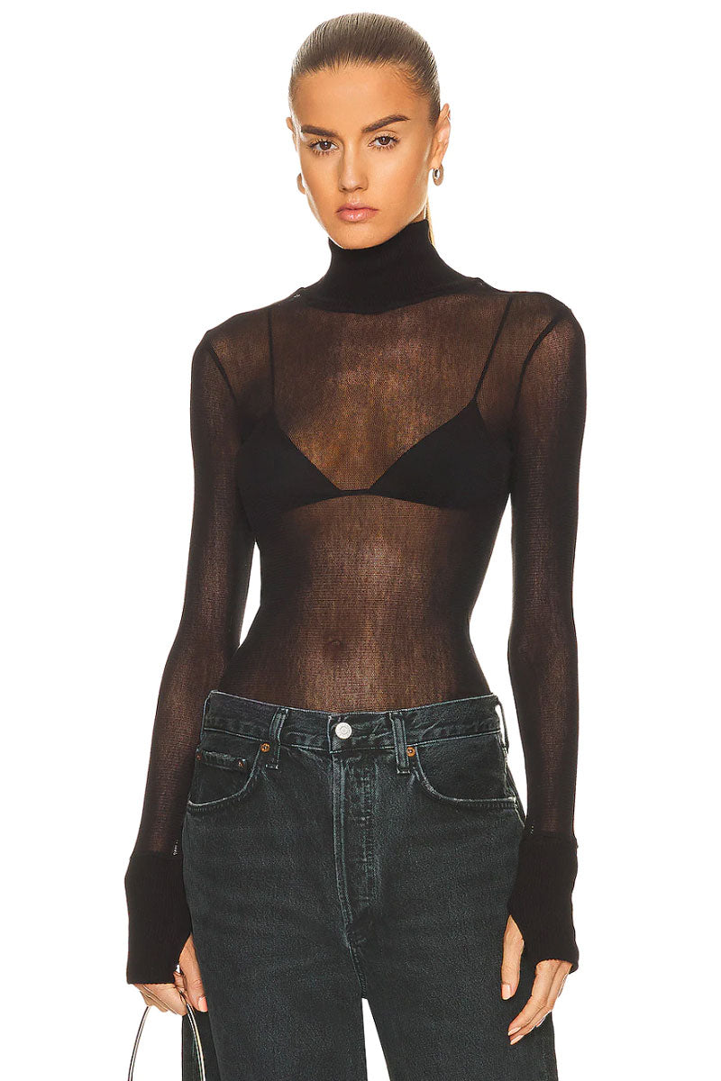 Cotton Mesh Cuffed L/S Turtleneck - Black
