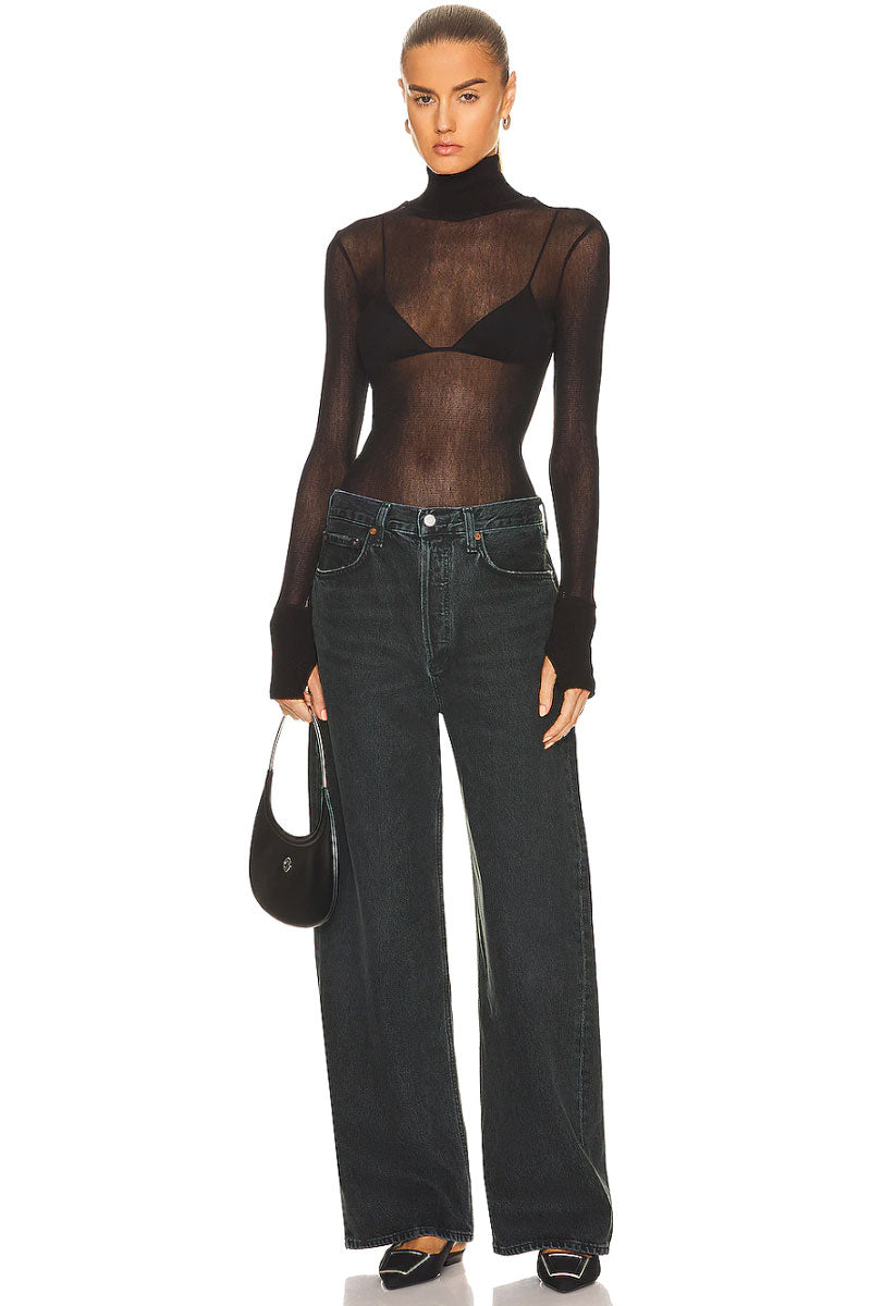 Cotton Mesh Cuffed L/S Turtleneck - Black