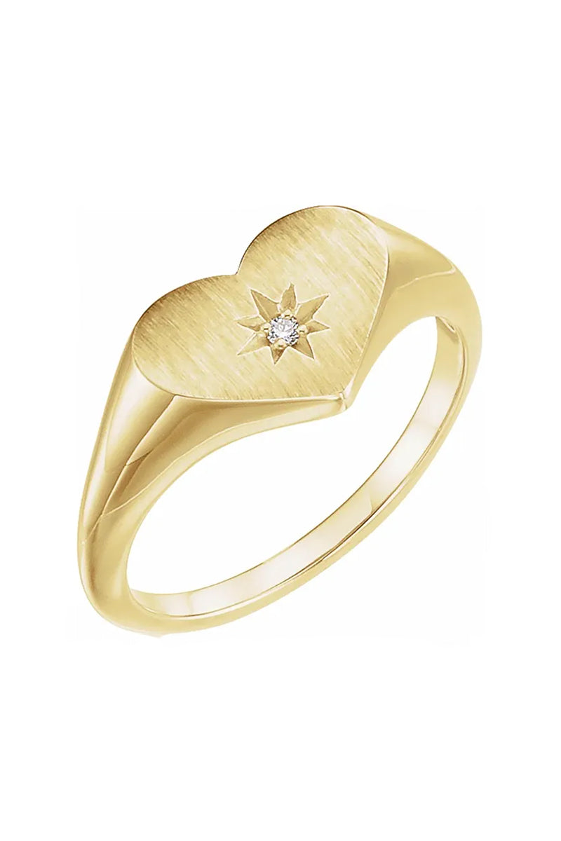 Heart Signet Ring with Diamond Starburst - Yellow Gold