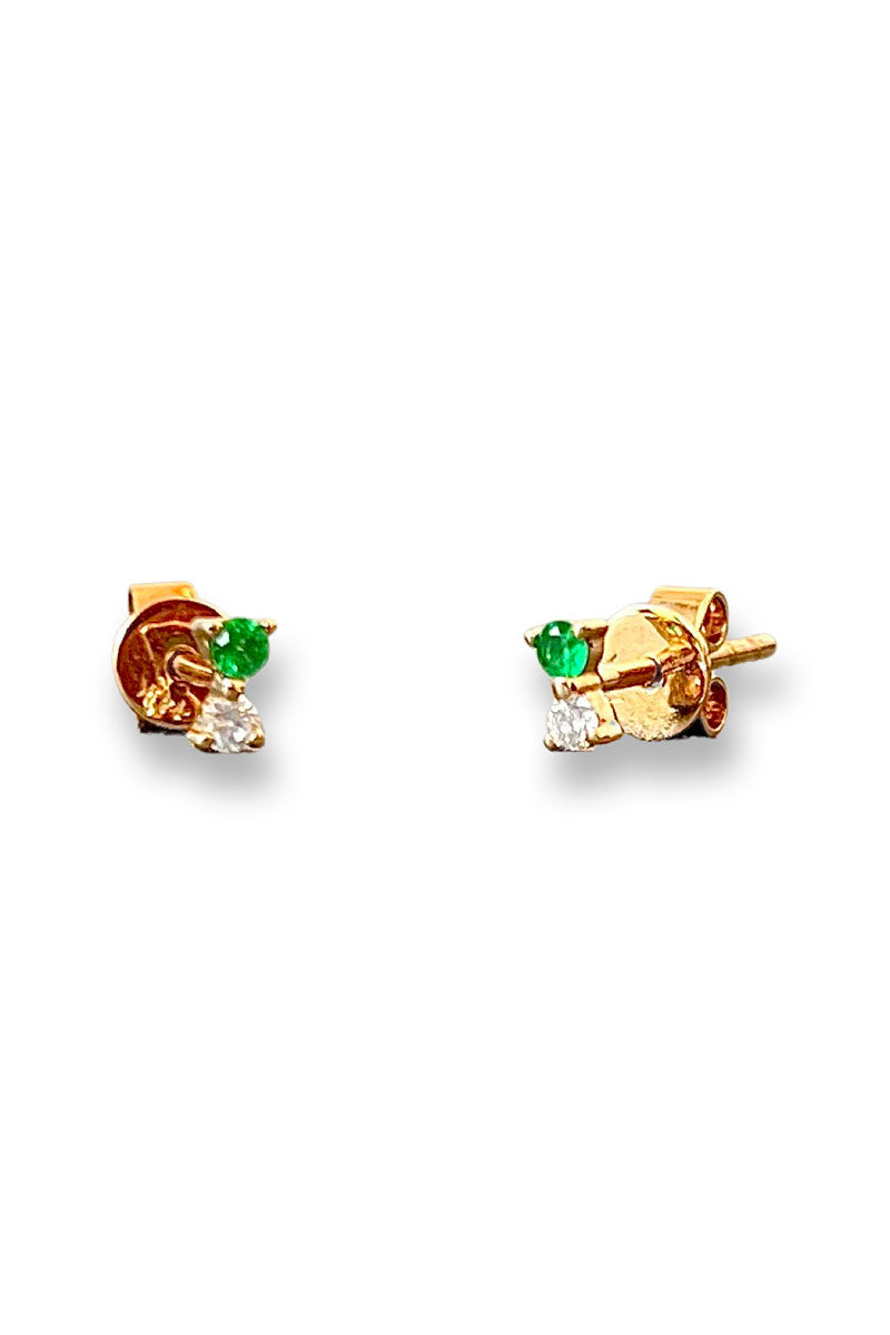 Two Gem Stud Earring - Emerald & White Diamond