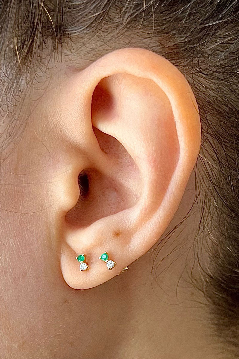 Two Gem Stud Earring - Emerald & White Diamond