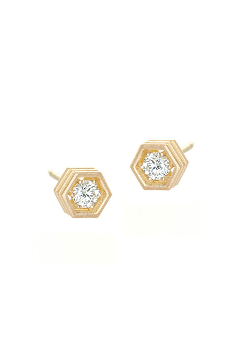 Hex Strata Stud Earrings - White Diamonds in Yellow Gold