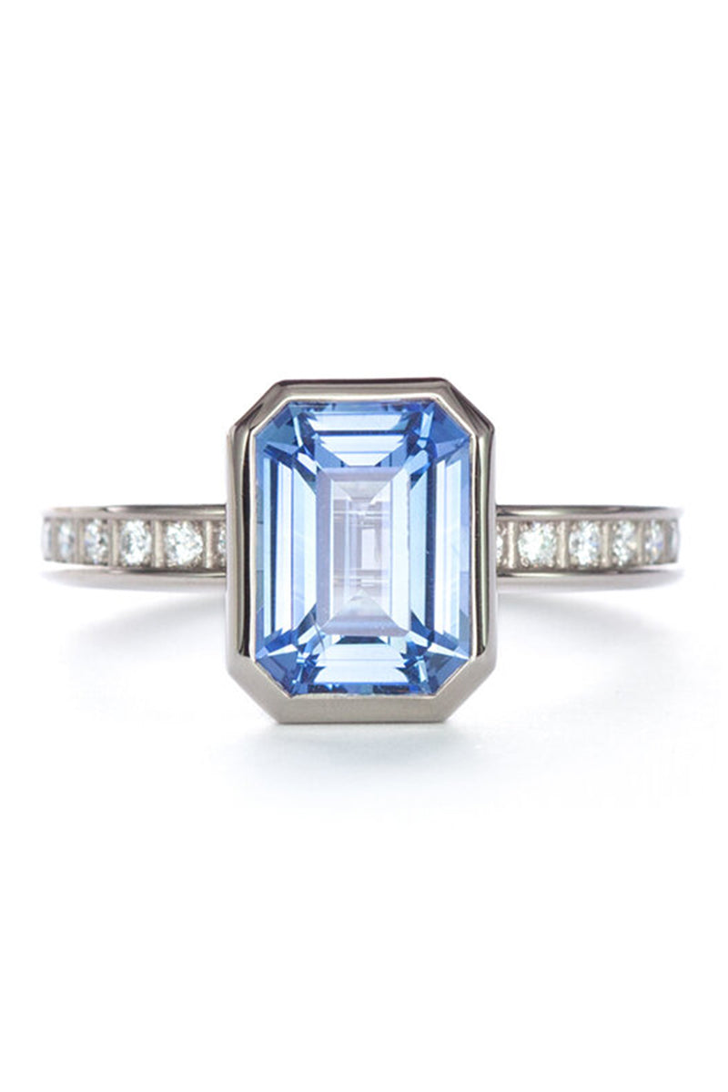 Pixel Dust Solitaire Ring - Emerald Cut Blue Sapphire in Grey Gold