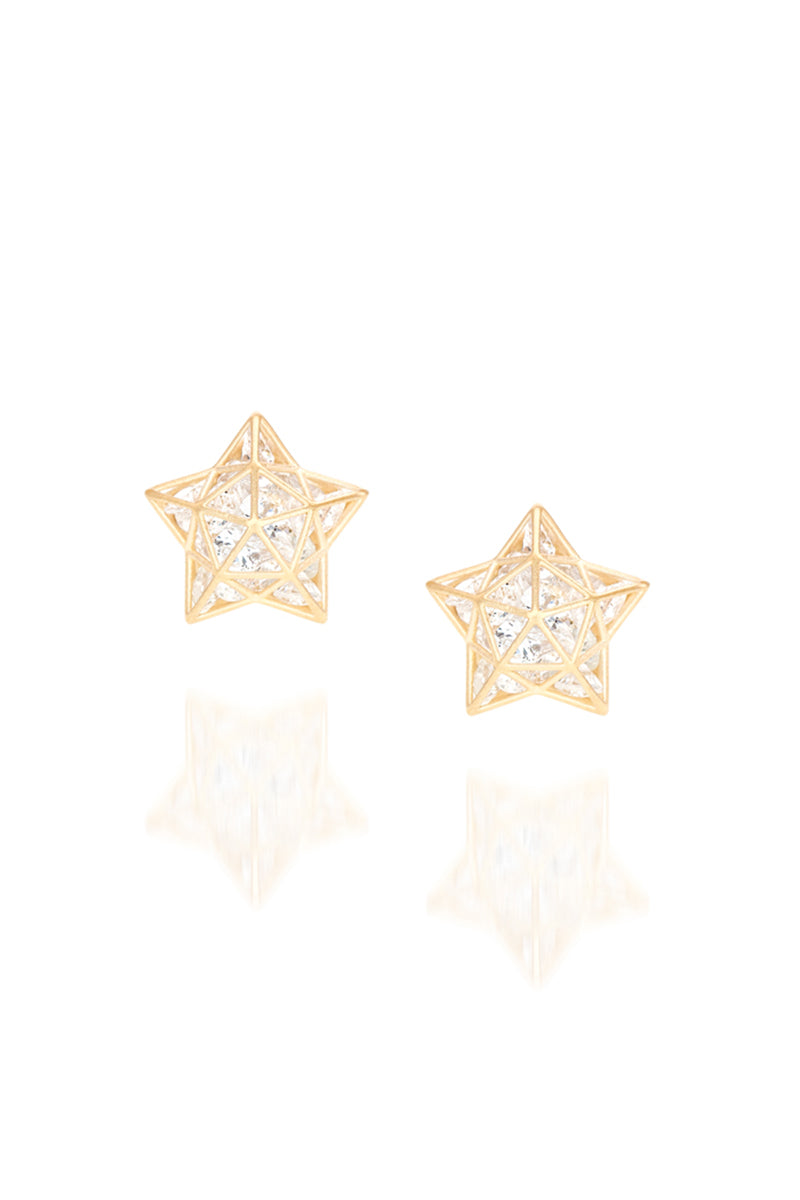 Roulette Star Stud Earrings - White Sapphires Yellow Gold