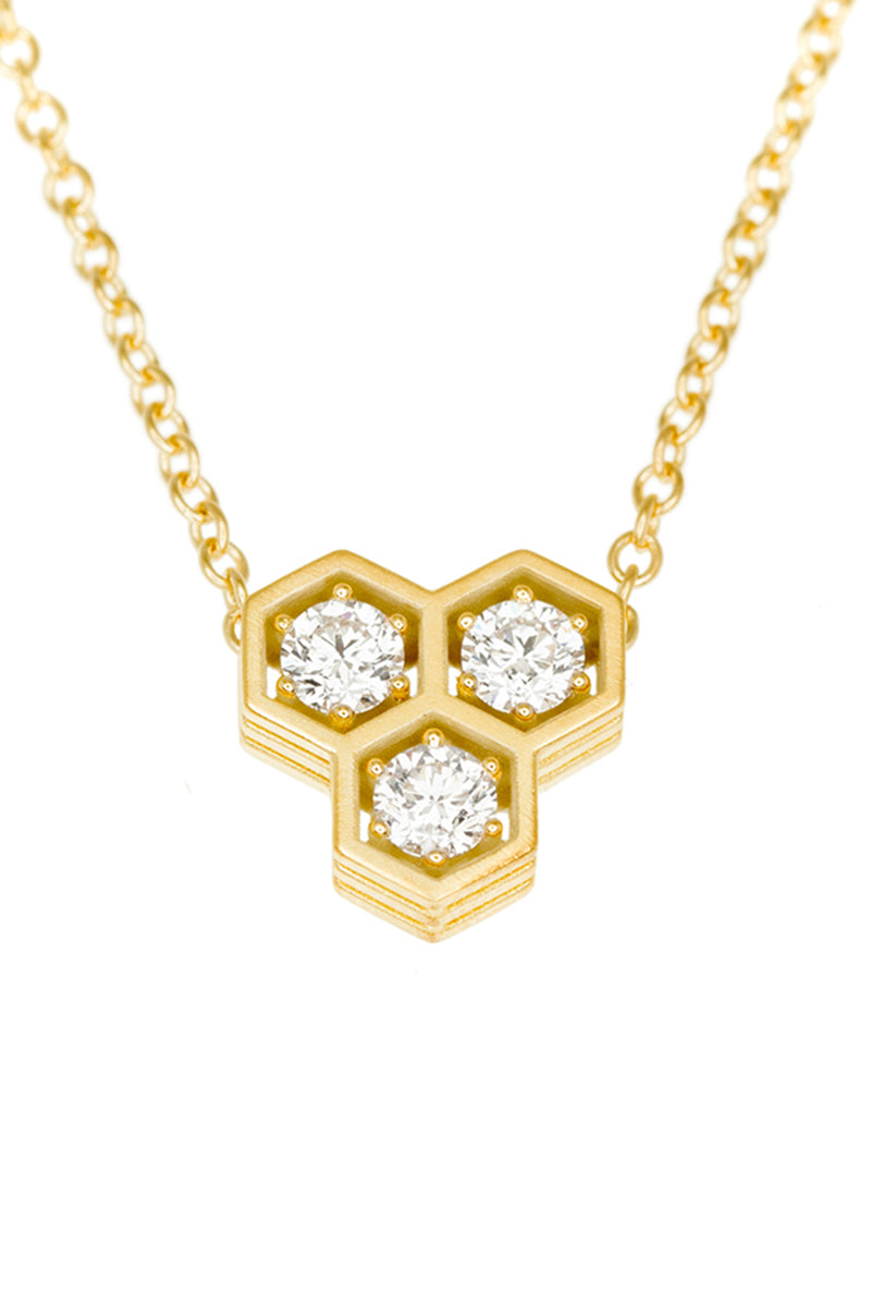 Three Story Triple Hex Strata Pendant Necklace - White Diamonds 18k Yellow Gold