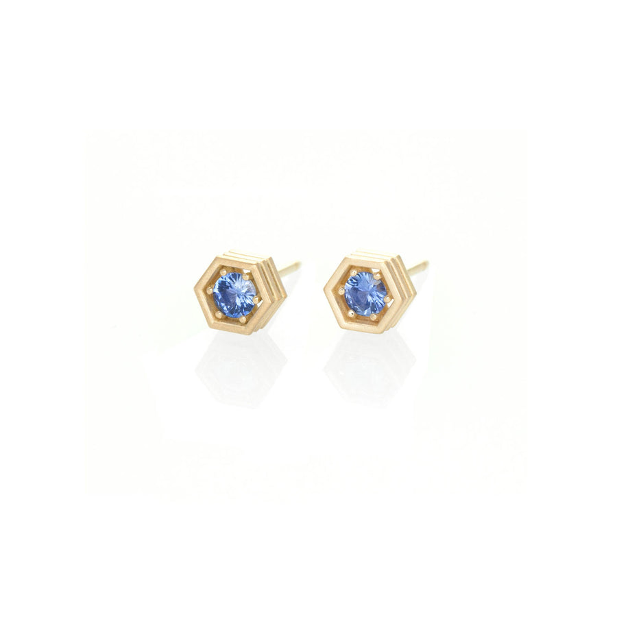 Hex Strata Stud Earrings - Medium Blue Sapphires Yellow Gold